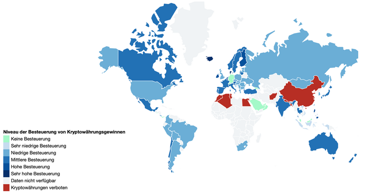 Grafik mit der Steuerbelastung einzelnen Länder bei Kryptogewinnen