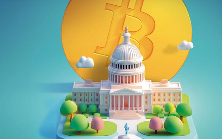 Illustration des Weissen Hauses in Washington mit Bitcoin-Symbol