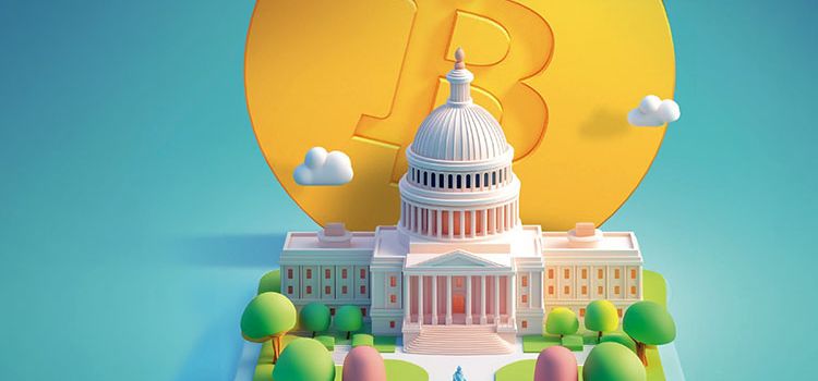 Illustration des Weissen Hauses in Washington mit Bitcoin-Symbol