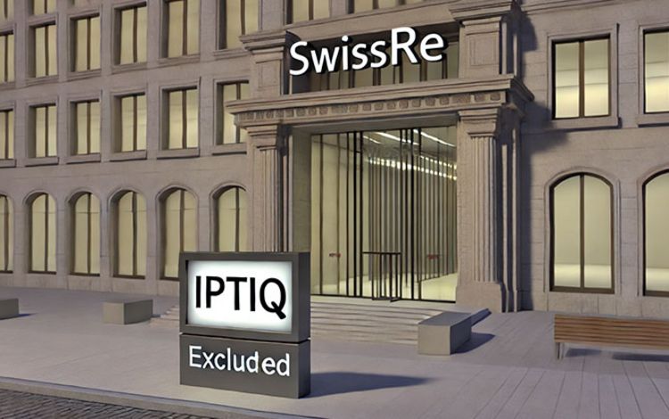 Gebäude der SwissRe mit einem Schild von IPTIQ davor, das InsurTech bleibt ausgeschlossen