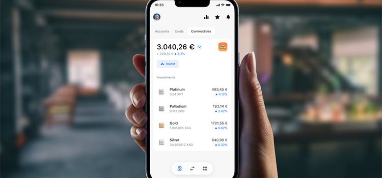 Die Smartphone-Ansicht der Neo-Bank Revolut mit dem Bereich des Edelmetall-Handels