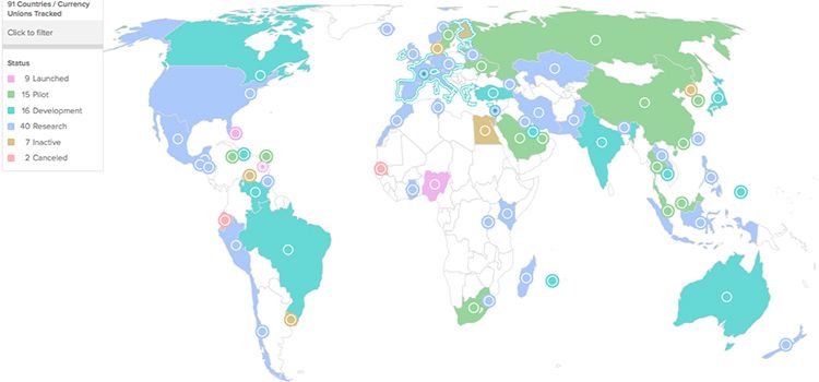 Weltkarte mit den Staaten, welche CBDC-Projekte verfolgen