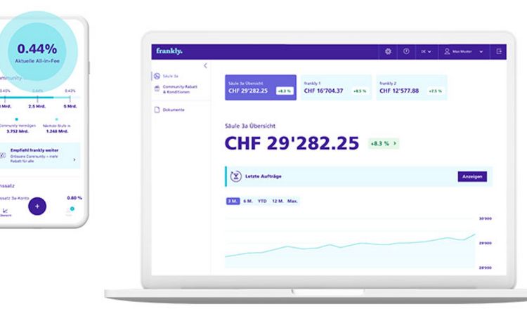 f Smartphone und Laptop mit der 3a-Vorsorge-App Frankly