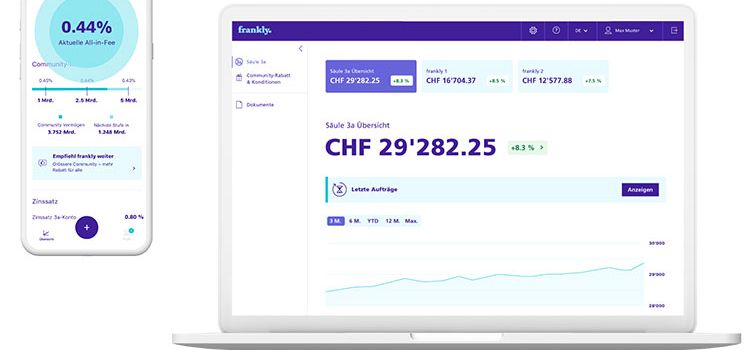 f Smartphone und Laptop mit der 3a-Vorsorge-App Frankly