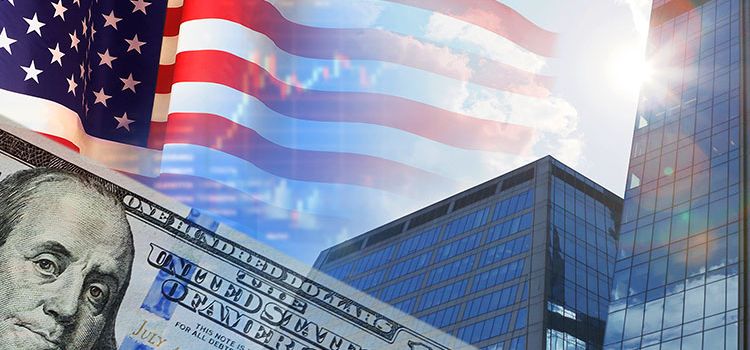 Wokenkratzer, Sternbanner und Dollarschein als Symbol für die Börsen-Dominanz der USA