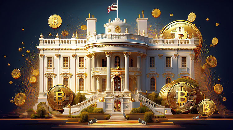 Das Weisse Haus in Washington mit Bitcoin-Symbolen