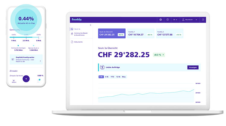 f Smartphone und Laptop mit der 3a-Vorsorge-App Frankly