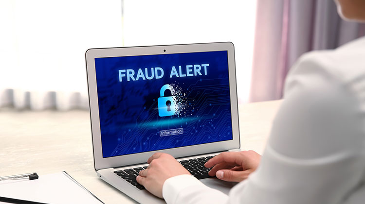 Frau am Laptop mit Hinweis: Fraud Alert