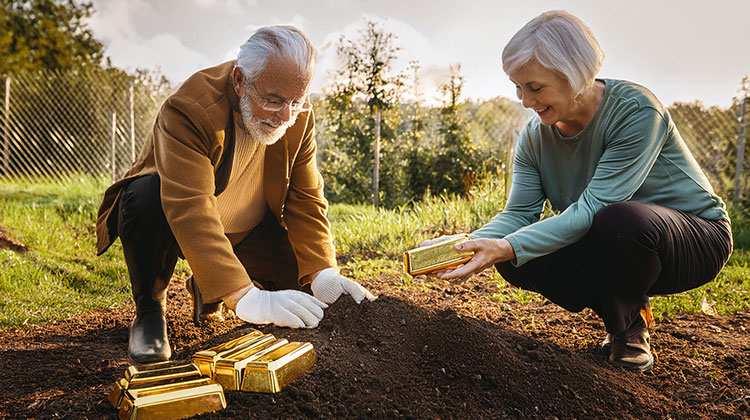 Ein älteres Paar vergräbt Goldbarren im Garten