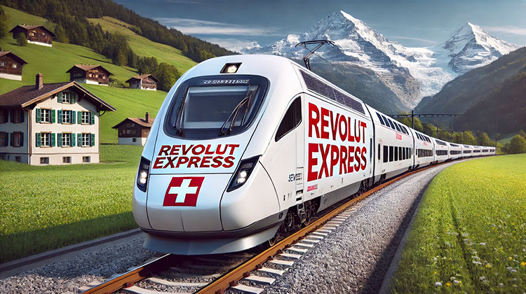 Ein Zug mit der Aufschrift "Revolut Express" fährt durch die Schweiz