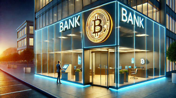 Ein Bankhaus von aussen mit Bitcoin-Symbol an der Fassade