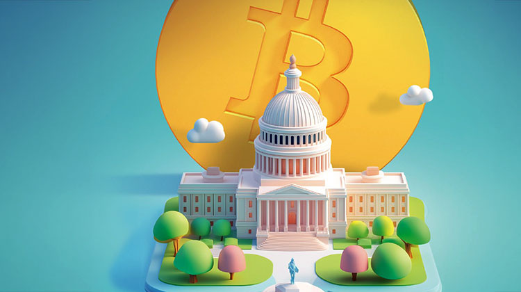 Illustration des Weissen Hauses in Washington mit Bitcoin-Symbol