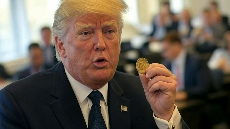 US-Präsident Trump mit einer Bitcoin-Münze in der Hand