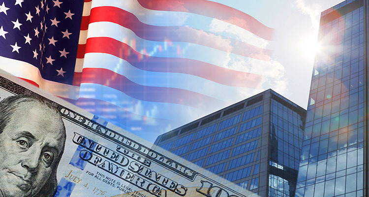 Wokenkratzer, Sternbanner und Dollarschein als Symbol für die Börsen-Dominanz der USA