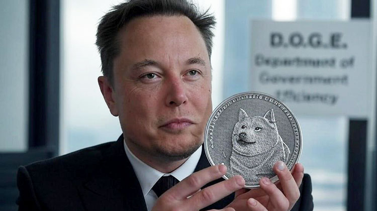 Elon Musk mit einem Doge-Coin in der Hand